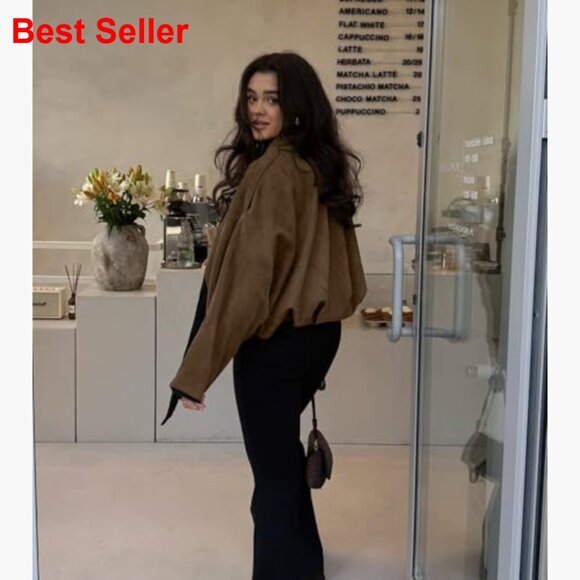 Faux Suede Bomber Jacket with Lapel Collar and Dolman Sleeves - Picture 2 of 7